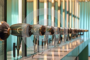 A row of hair dryers neatly arranged on top of a counter, A row of hair dryers lined up in front of a long row of mirrors, photo