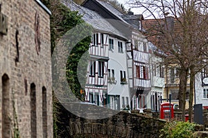 Row of half-timbered houses along the river Erft in Bad Muenstereifel