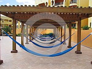 Row of hammocks at a resort