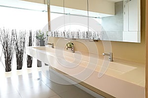 Row of hand washing sinks in modern public toilet