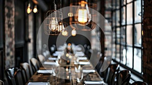 A row of hanging caged light bulbs dangles above a long wooden table in a factoryturnedrestaurant giving off a vintage photo