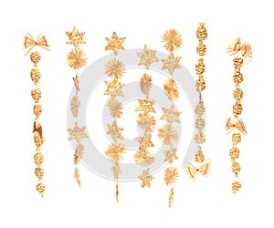 Row of hanging Christmas ornaments isolated on white background