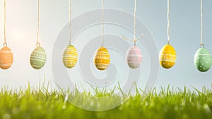 A row of hanging Easter eggs against a clear, bright sky, with the eggs casting soft shadows on the grass below