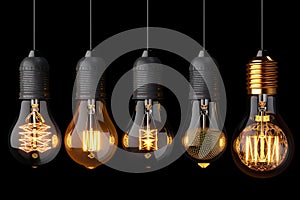 A row of hanging light bulbs on a black background, showcasing various types and shapes. the bulb artwork includes classic ed
