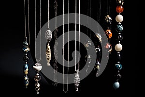 a row of hanging necklaces on a black background