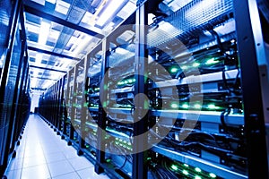 row of hard drives arranged in a data center