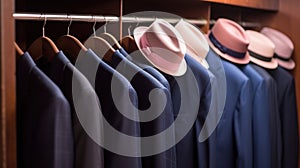 a row of hats hanging on a coat rack next to a row of suits and shirts on hangers in a closet with wooden walls