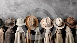 A row of hats hanging on a wall with coats, AI photo