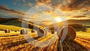 Row of Hay Bales on a Golden Beautiful Landscape at Sunrise - Generative Ai