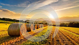 Row of Hay Bales on a Golden Beautiful Landscape at Sunrise - Generative Ai