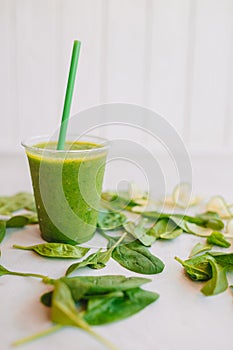 Row of healthy fresh fruit and vegetable smoothies with assorted ingredients