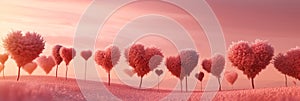 Row of heart-shaped trees bathed on the pink landscape.