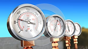 Row of high pressure gas gauge meters. Oil and gas fuel manometers