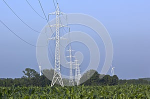Row of high voltage pylons in a corn field