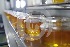 Row of honey jars on production conveyor belt. Food industry manufacturing and packaging concept with copy space for design and