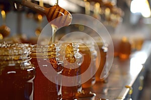 Row of honey jars on production conveyor belt. Food industry manufacturing and packaging concept with copy space for design and