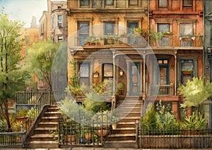 A Row House in Brooklyn..A Row House in Brooklyn in the Spring..A Row House in Brooklyn with a Staircase Leading