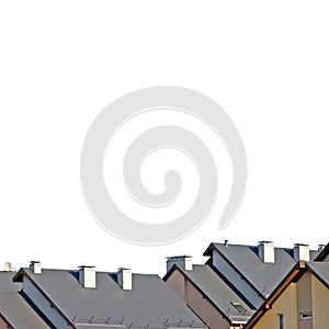 Row house roofs, large detailed isolated roofscape, condo rowhouse rooftop detail, multiple condos, colorful closeup