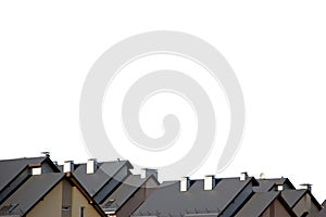 Row house roofs panorama, large detailed isolated panoramic multiple condos rooftop roofscape closeup