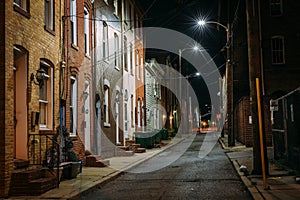 Row houses at night, in Fells Point, Baltimore, Maryland