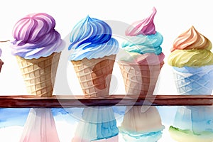 A Row Of Ice Cream Cones Sitting On Top Of A Table. Generative AI