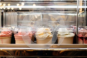 row of ice cream tubs inside a cart with clear lids