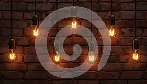 A row of illuminated light bulbs against a textured brick wall. AI Generated