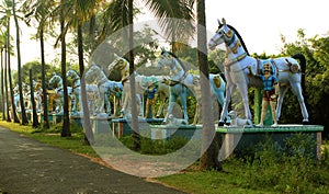 The row of indian horse brave man village god statue