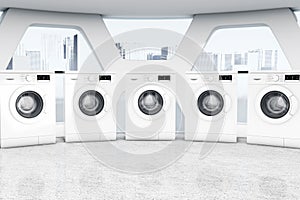 Row of Industrial Modern Washing Machines in a Public Washhouse. 3d Rendering photo