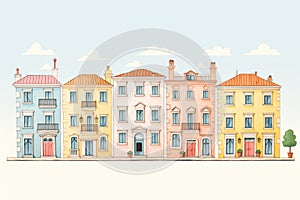 a row of italianate townhouses, each with its own unique belvedere, magazine style illustration