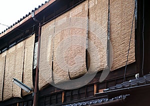 Row of Japanese old traditional window wooden curtains