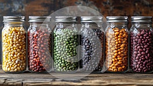Row of jars filled with assorted colorful beans arranged on a wooden surface