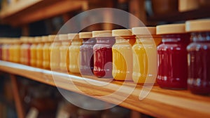 A row of jars filled with different colored jams on a shelf, AI