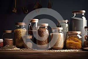 A row of jars filled with different types of grains and grains of rice next to a bowl of cereal and a wooden spoon on a