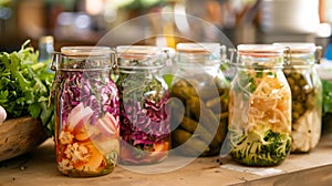 Row of Jars Filled With Different Types of Vegetables