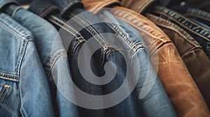 A row of jeans hanging on a rack in different colors, AI