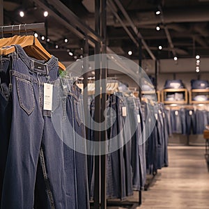 Row of jeans showcased in store within shopping center