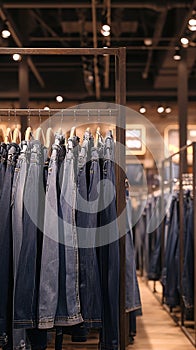 Row of jeans showcased in store within shopping center