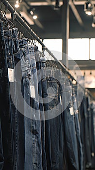 Row of jeans showcased in store within shopping center