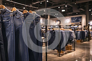 Row of jeans showcased in store within shopping center