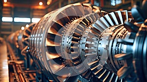 Row of Jet Engines in Factory Workshop