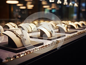 A row of jewelry on display in a store. AI generative image.