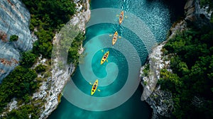 A row of Kayakers Paddling Along a Beautiful Mountain River. Generative AI