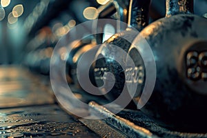 Row of kettlebells in a gym, emphasizing strength training, fitness, and workout routines in a focused setting photo
