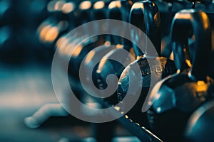 Row of kettlebells in a gym, emphasizing strength training, fitness, and workout routines in a focused setting photo