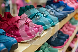 row of kids shoes displayed on a shelf