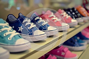 row of kids shoes displayed on a shelf