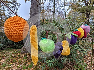 A row of knitted fruit hanging on a line