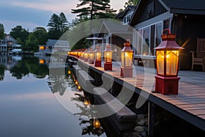 row of lanterns on dock against backdrop of cottage and lake