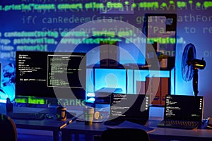 Row of laptops and computer monitor with decoded data on their screens photo